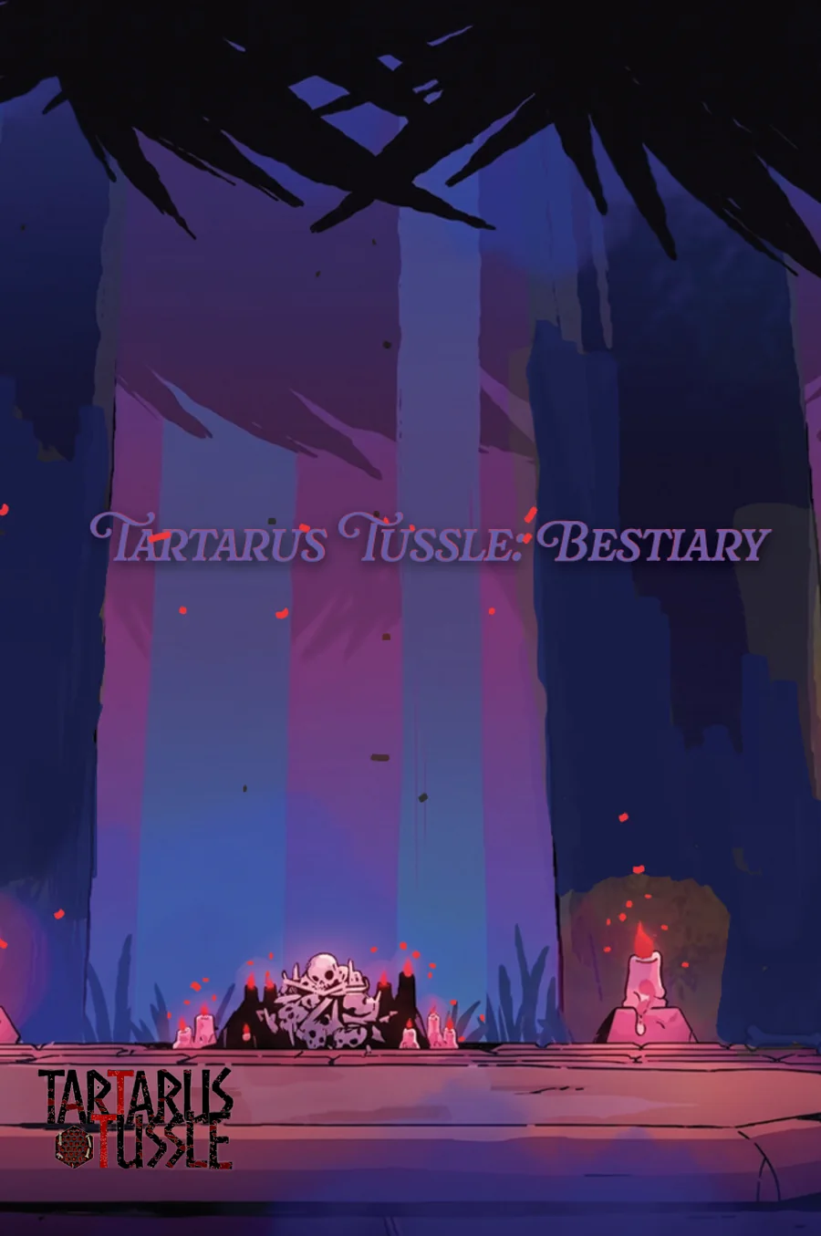 Bestiary cover: a dark purple forest, the title Tartarus Tussle Bestiary