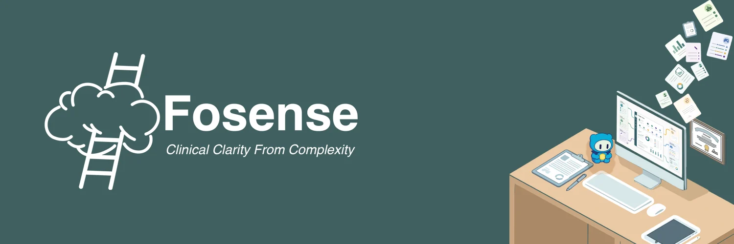 Fosense logo: a cloud shaped like a tree with a ladder, next to a desk with a monitor and a small blue character