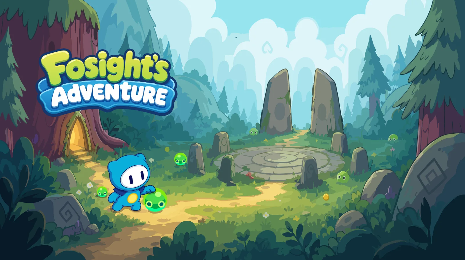 Key art for Fosight's Adventure: a small blue character on a forest path, standing stones in a clearing