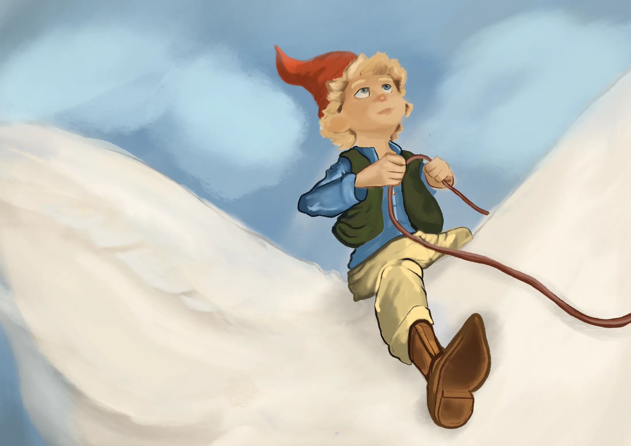 Painting of a boy in a red cap riding a white goose across a blue sky