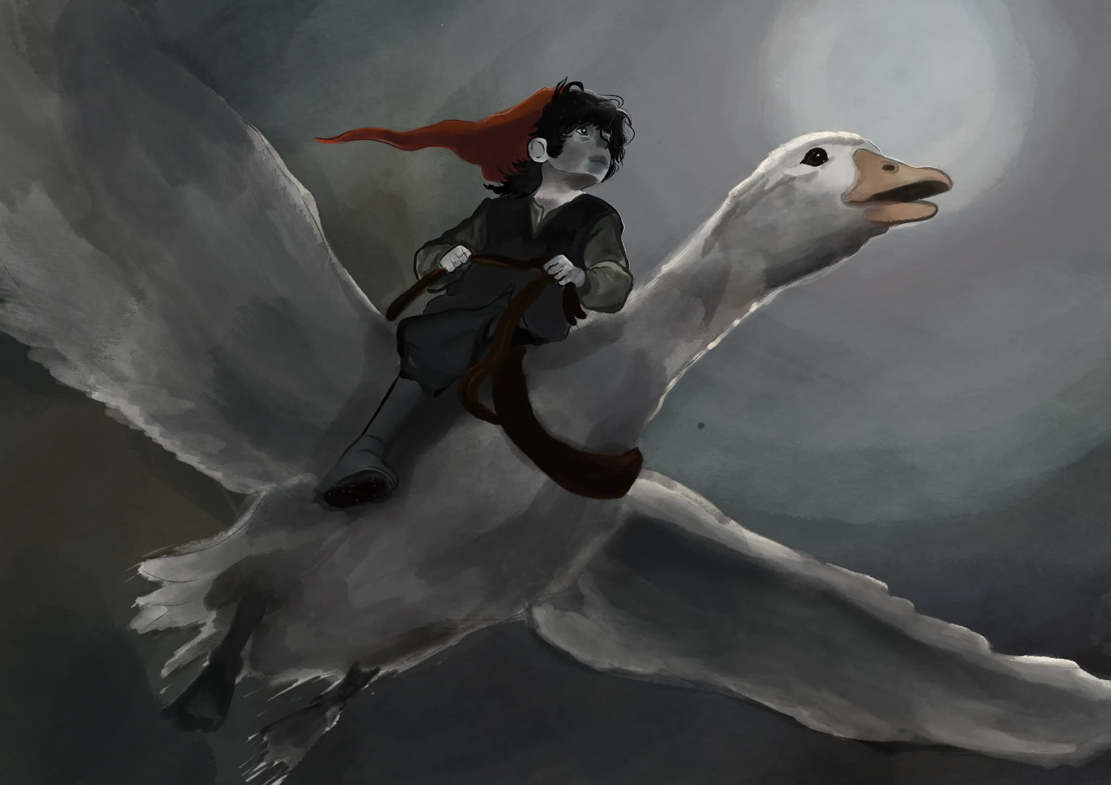 Painting of a boy riding a goose at night, a pale moon behind them