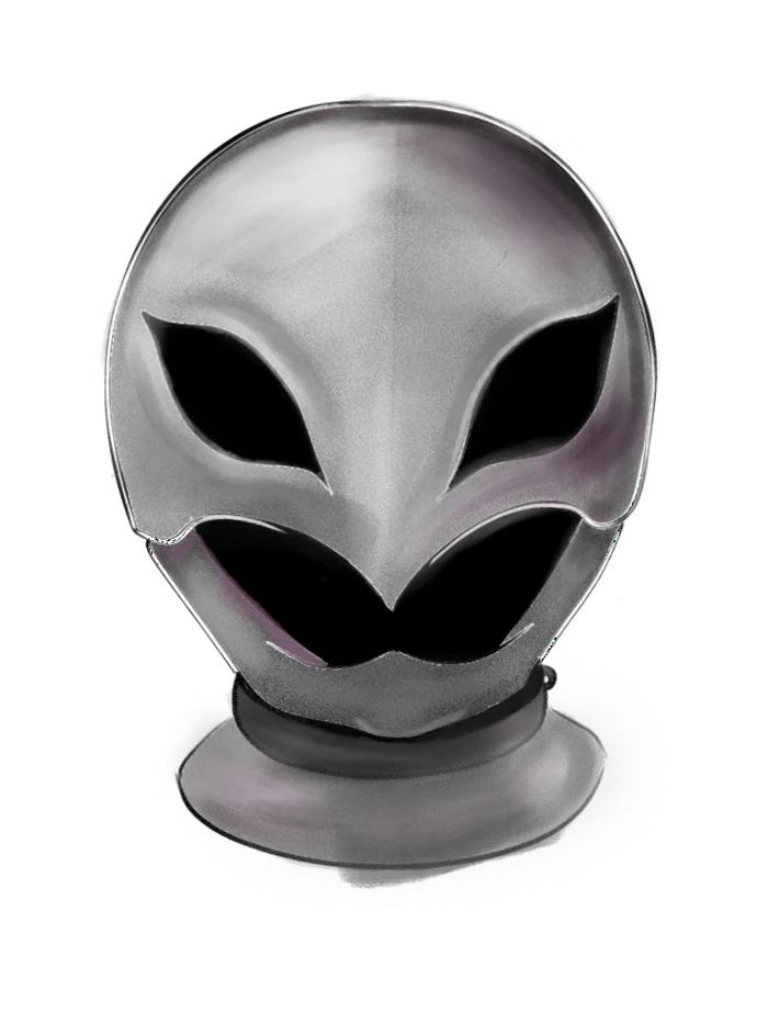 Painted study of a smooth silver mask with black almond eyes