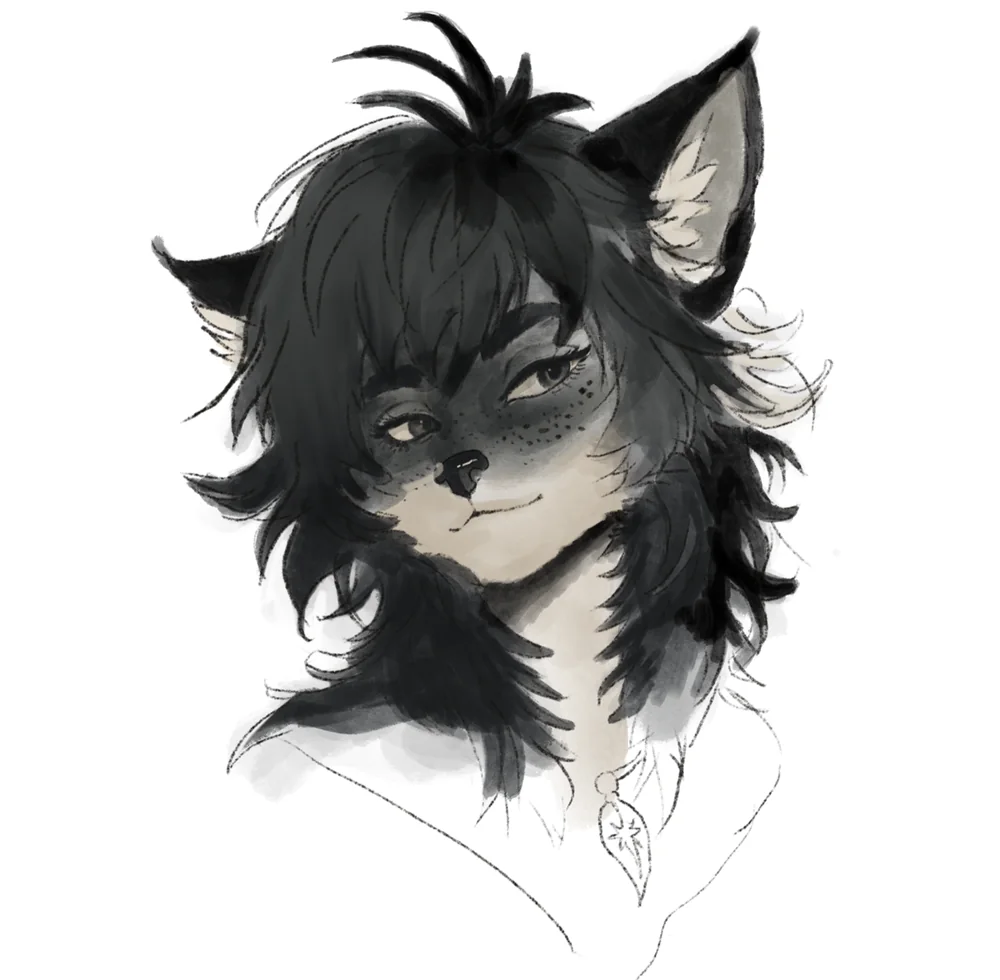 Ink and gouache portrait of a fox-eared figure with dark tousled hair