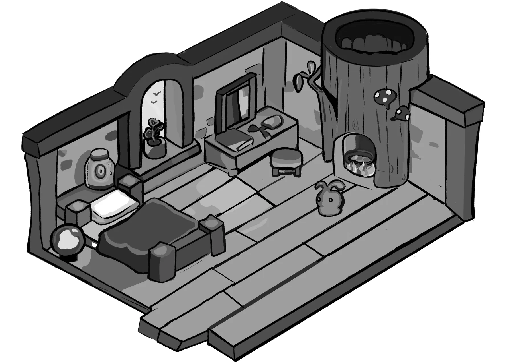 Isometric study of a cozy stone room with a bed, a hollow tree trunk and a small round creature