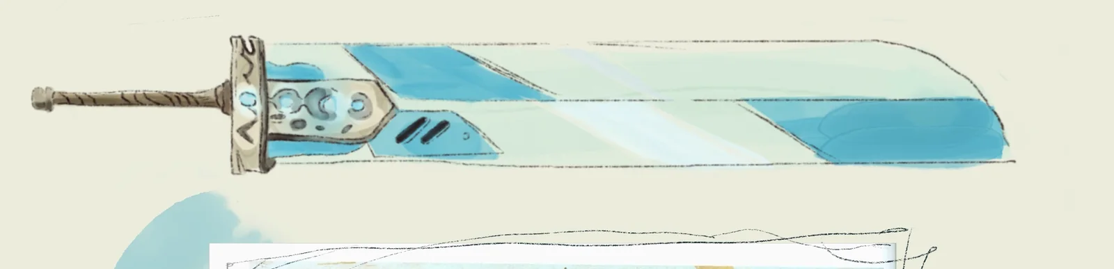 Loose colour sketch of a huge blue-and-white greatsword
